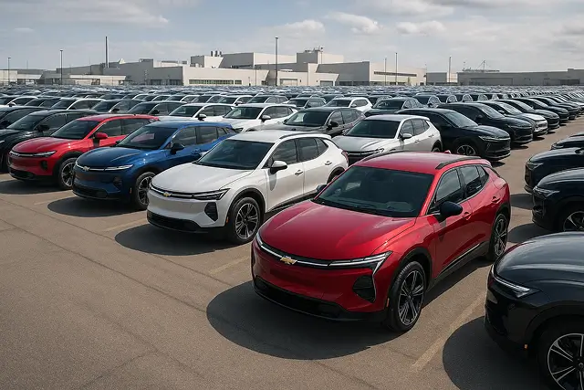 Many Chevrolet vehicles in a lot